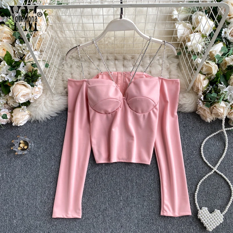 Модная сексуальная блузка с открытыми плечами и цепочками в Корейском стиле