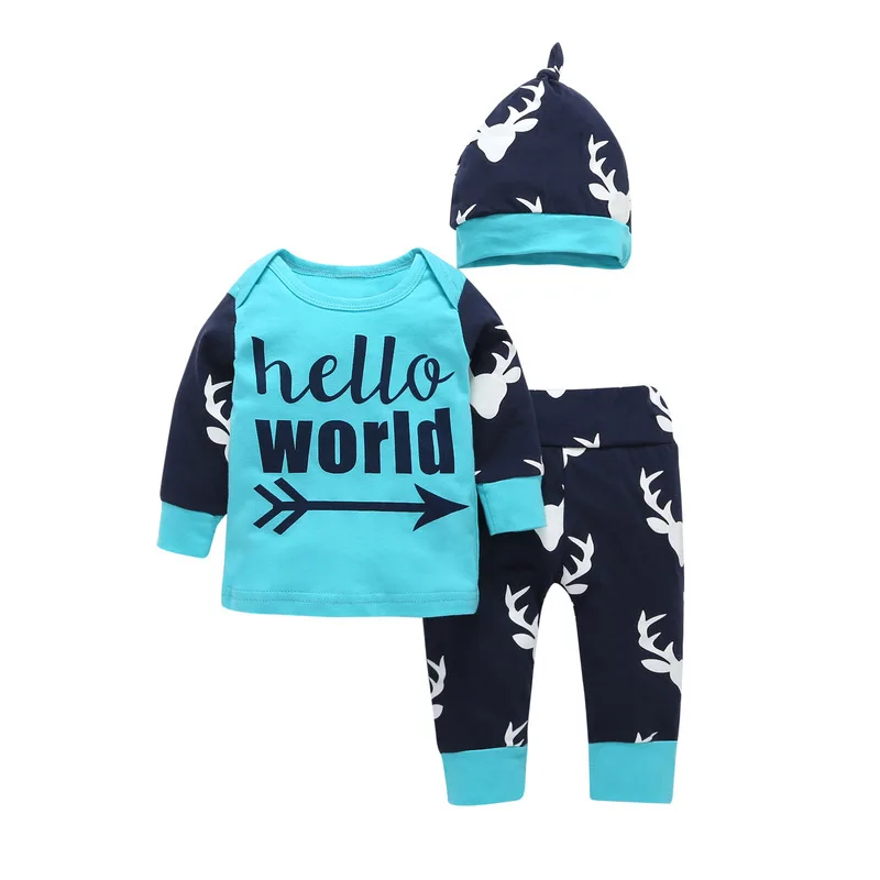 Hello World/комплект одежды для новорожденных мальчиков, футболка с буквенным принтом+ штаны+ шапочка, 3 предмета, модная одежда для маленьких мальчиков и девочек 0-24 месяца - Цвет: Baby Boy clothing