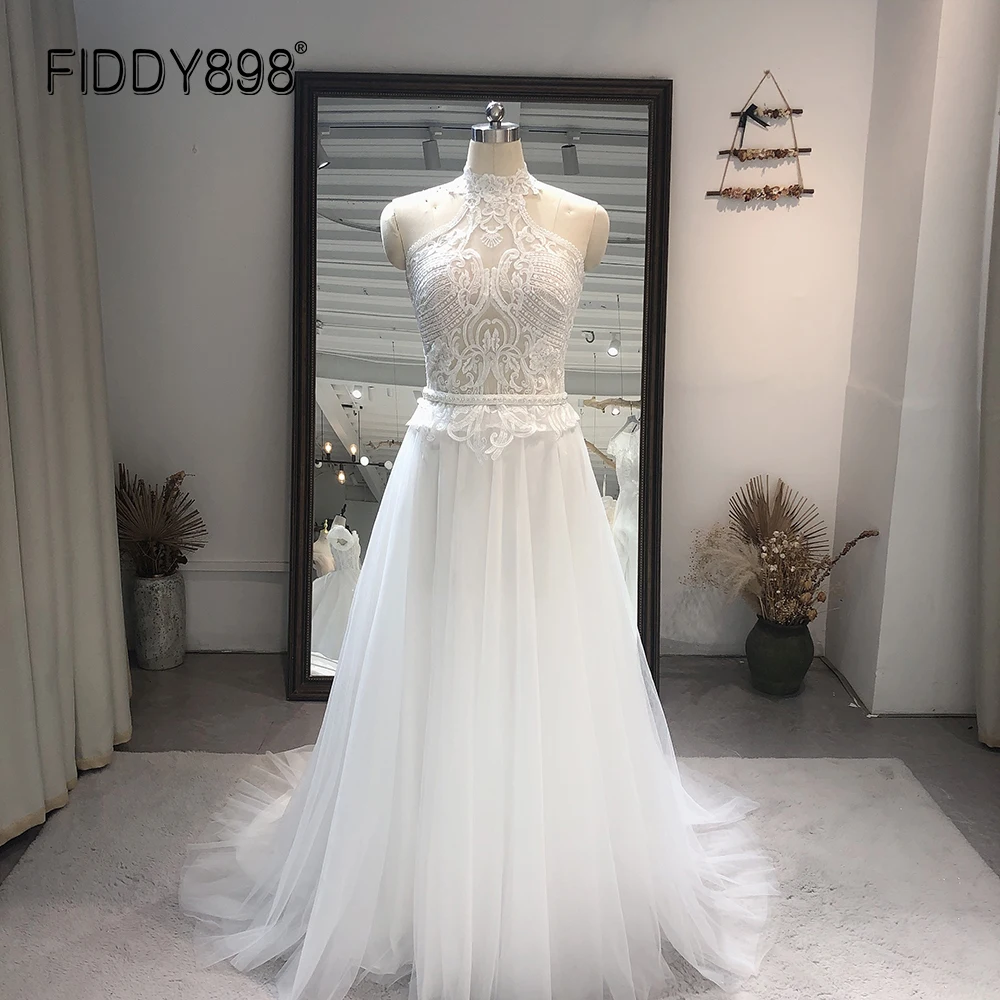 

Boho Wedding Dress Halter Sequins Two-pieces Bride Dress with Sash Robe De Mariee Wedding Dresses for Women 2020