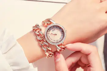 

Women Watch Double Chain Stainless Steel Band Luxury Quartz Wrist Watches with Rhinestone Inlaid