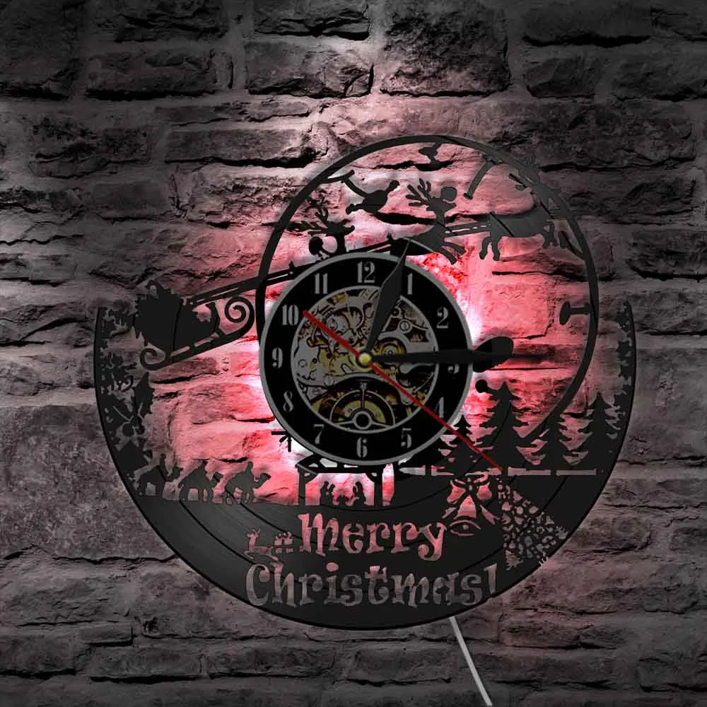Merry Christmas Santa Claus Vinyl Record Wall Clock Saint Nicholas Gift Father Christmas Wall Decor Elf Vintage Clock Wall Watch