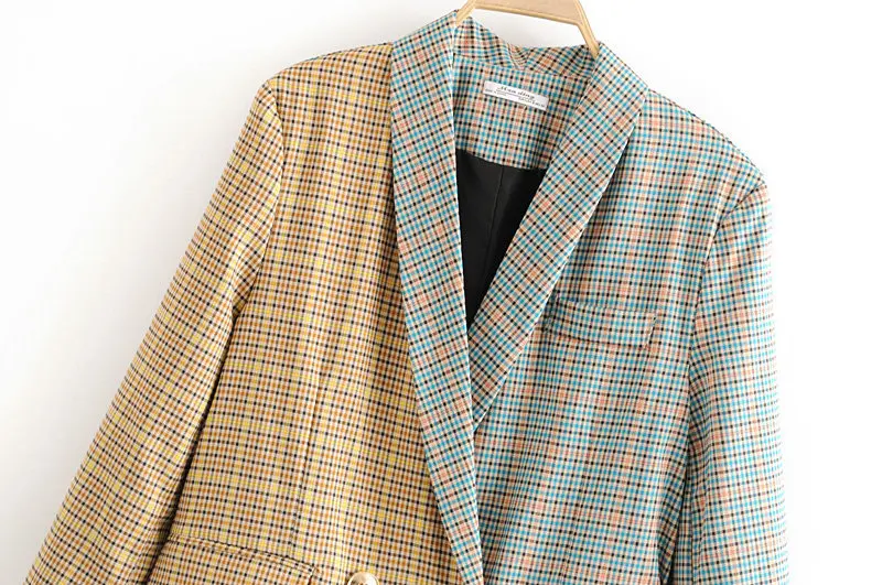 Western Style Autumn Clothing New Style Women's Design-Joint Contrast Color BF Style Loose-Fit Long Sleeve Suit Plaid Suit Coat
