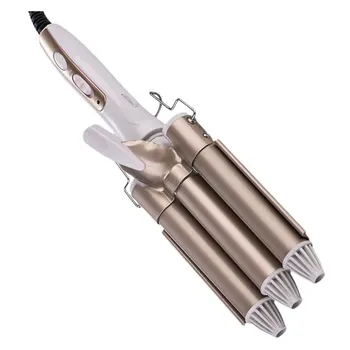 

Large Three-Stick Curler Egg Roll Head 3 Tube Ceramic Curling Iron Salon Home Use with EU Plug (Golden 25mm)