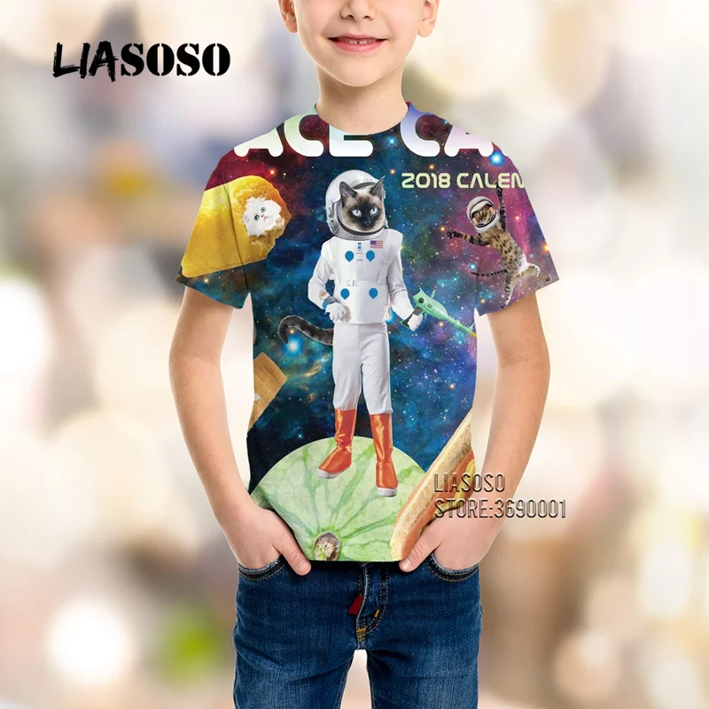14 LIASOSO Детские футболки с 3D принтом «Космический Кот, пицца, Ленивец», летние футболки с круглым вырезом, одежда для мальчиков и девочек, Повседневная Уличная одежда с короткими рукавами - Цвет: 14