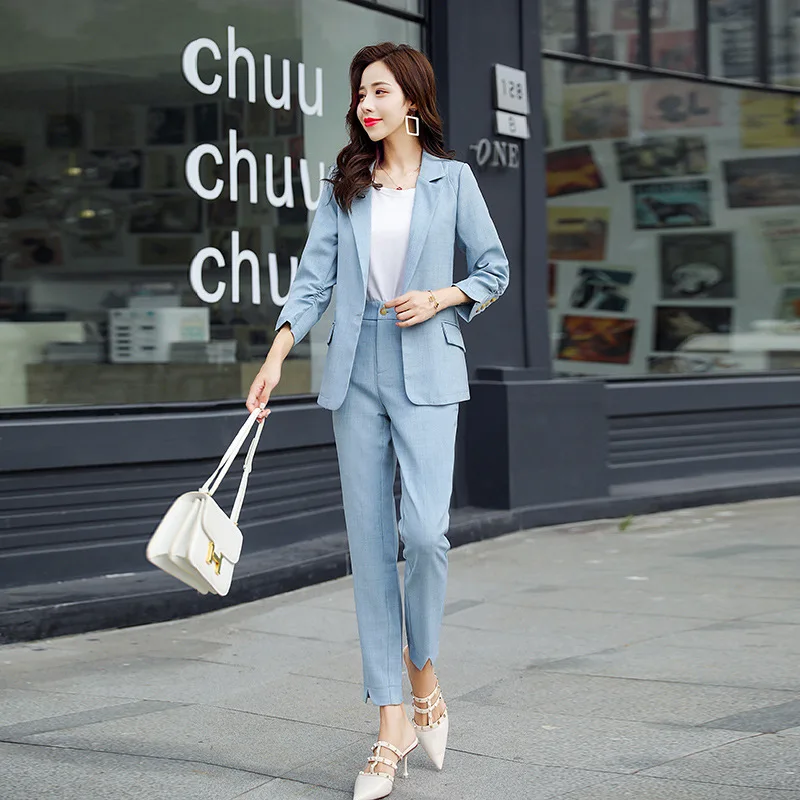 3 Ladies suit autumn new casual fashion single buckle temperament slim suit pants pants suit wild women's two-piece suit - Цвет: 3