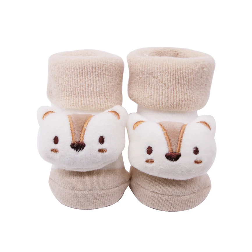 Beige Носки для новорожденных зимние носки для малышей теплые хлопковые нескользящие носки для новорожденных мальчиков и девочек мягкие носки с милыми мультяшными колокольчиками - Цвет: Beige