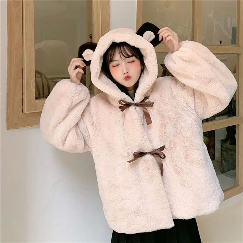 Japanese Winter Women Lolita Outerwear Hooded Soft Girl Plush Coat Cute Kawaii Jacket Bear Ear Thickened Harajuku Solid Outwear