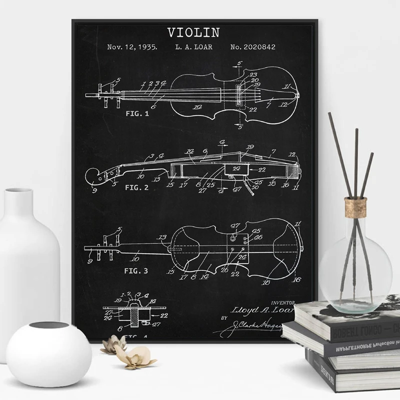 Musical Instrument Violin Blueprint Art Canvas Painting Music Vintage Posters and Prints Musician Gift Room Wall Decor | Дом и сад