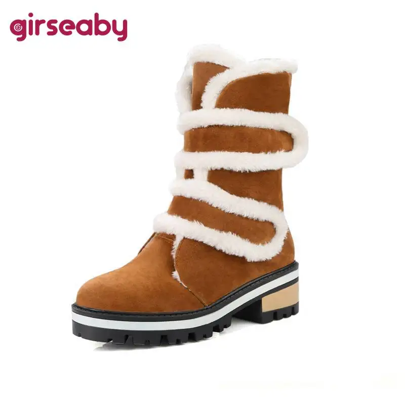 

Girseaby Women Snow winter Mid-Calf boots Round Toe Striped Square Thick heel Flock Fur high Platform Hook&Loop Faux suede 43