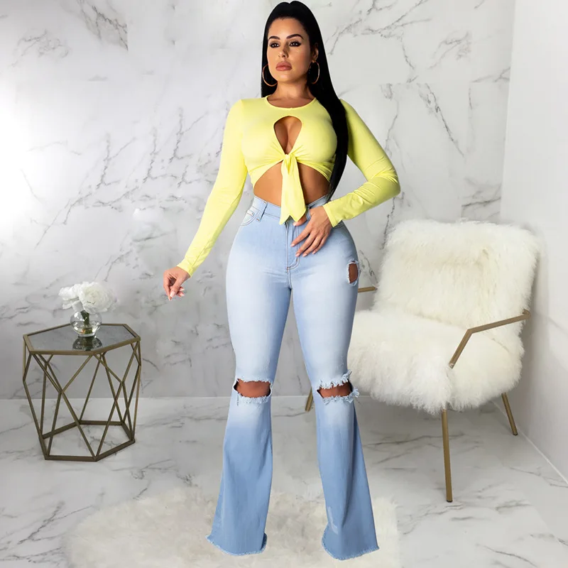 Light blue Летние новые женские сексуальные модные Джокер джинсы с дырками до колен Эластичные Обтягивающие женские джинсовые расклешенные брюки - Цвет: Light blue
