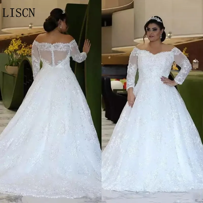 Sweep Trein Party Off de Schouder Lange Mouw Plus Size Trouwjurk Lange Mouwen A-lijn White Crystal Kralen Lace Bridal jassen Sweep Trein Party Off de Schouder Lange Mouw Plus Size Trouwjurk Lange Mouwen A-lijn White Crystal Kralen Lace Bridal jassen