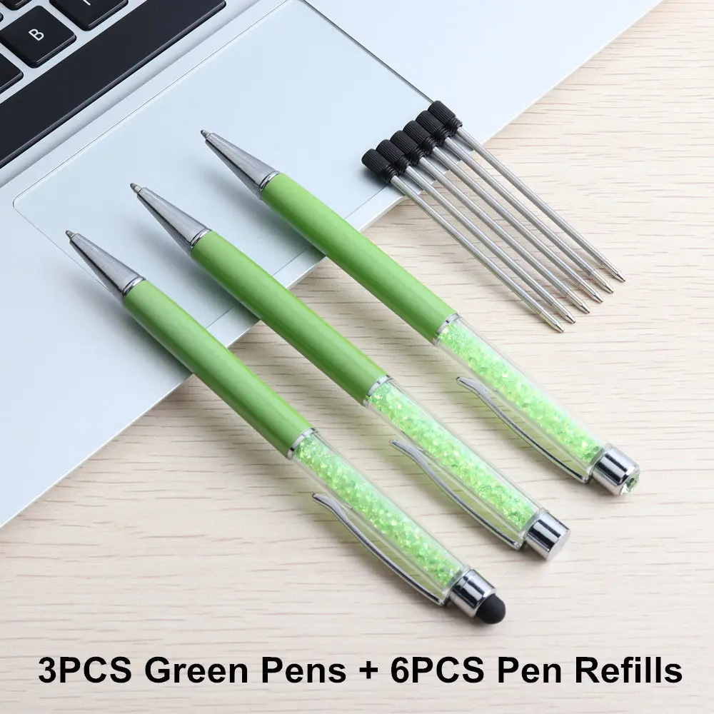 9PCS Green Set 9 шт./компл. высокое качество с украшением в виде кристаллов ручка с бриллиантами сенсорный стилус шариковая ручка, хороший подарок для ребенка ручки для офисные и школьные принадлежности ручка - Цвет: 9PCS Green Set