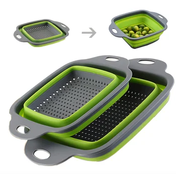 

2pcs/set Foldable Silicone Colander Fruit Vegetable Washing Basket Strainer Collapsible Drainer With Handle Kitchen Tool