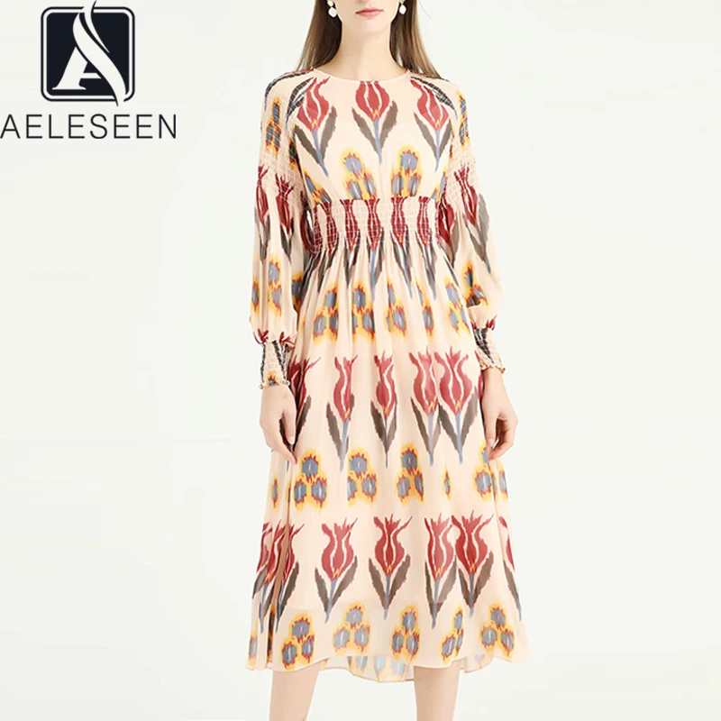 AELESEEN, весна-осень, подиумное платье,, женское, длинный рукав, талия, эластичное, контрастный цвет, принт, высокое качество, вечерние, Пляжное Платье