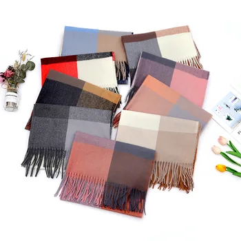 

2019 Korean version autumn winter warm imitation cashmere tassel plaid scarf female winter shawl student scarf factory wholesale