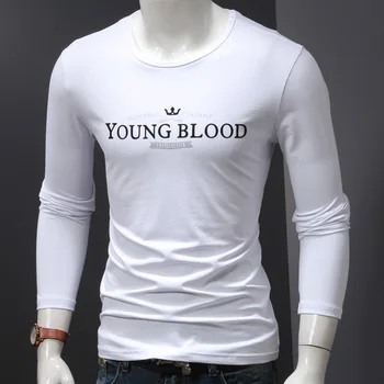 

White Long Sleeve Men T-shirt 2020 Autumn Mens Letter Print T Shirt Stretch Cotton O-Neck Slim Fit Tshirt