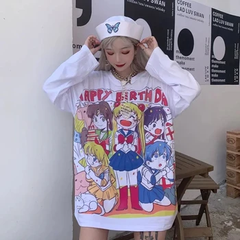 Camiseta de manga larga para mujer, ropa de estudiante de longitud media japonesa de dibujos animados, holgada, versión coreana, Top blanco, novedad de otoño 1