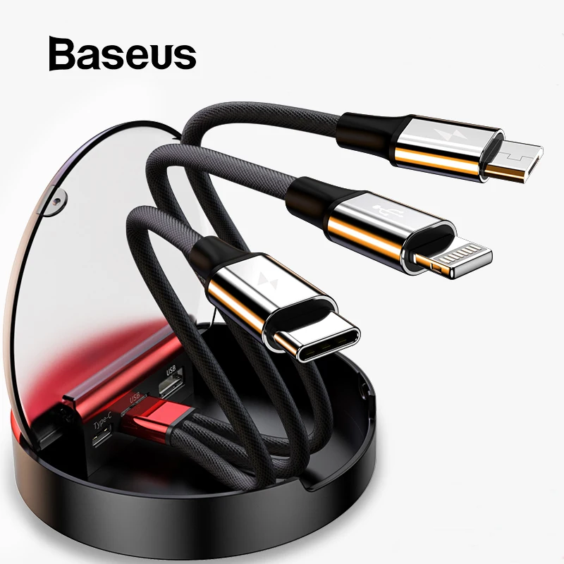 Baseus 3 в 1 USB кабель Micro type C провод для Iphone huawei samsung Зарядка 3A USB-C type-C автомобильное зарядное устройство кабель для передачи данных