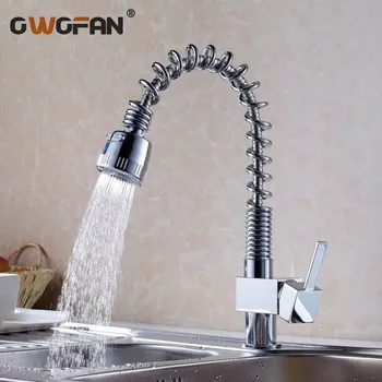 

Modern Chrome Finished Pull Out Spring Kitchen Faucet 2 Modes Water Wholesale And Retail Swivel Spout Vessel Sink Mixer Tap 007