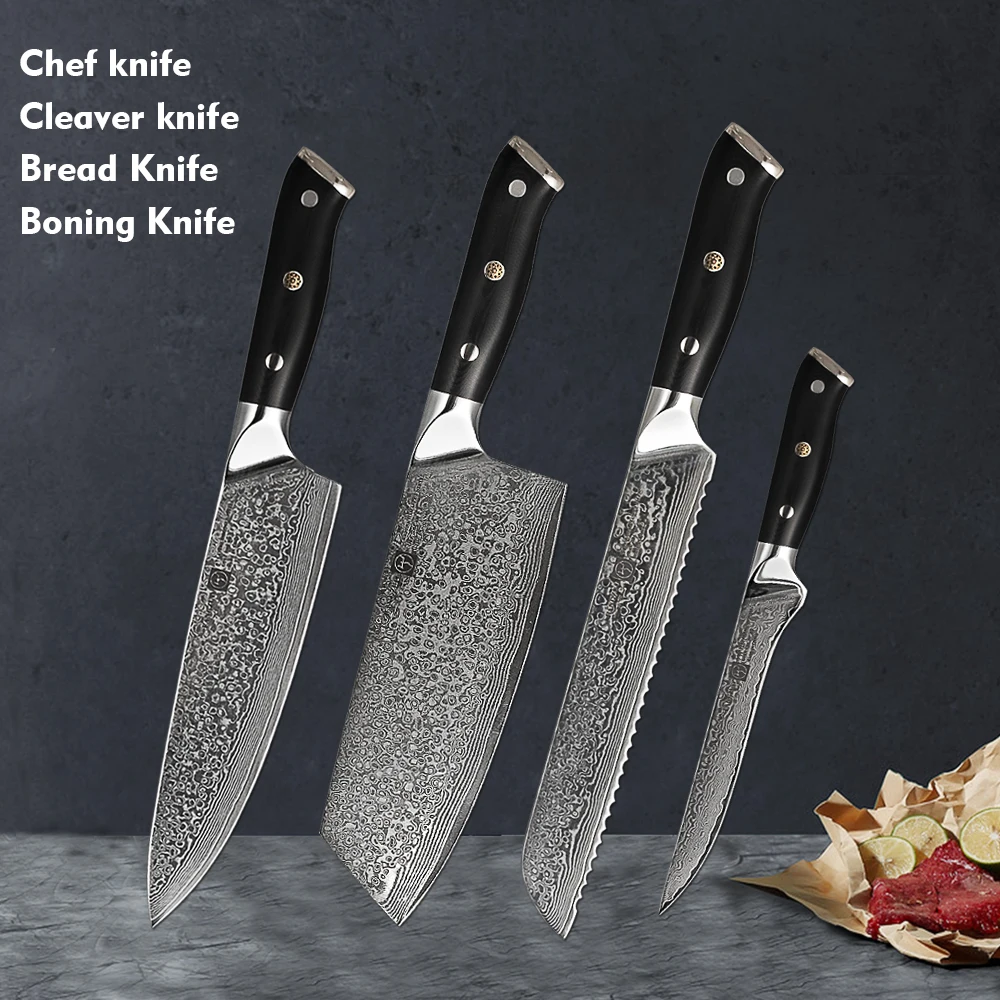 4PCS-1 FANGZUO Дамасские 67 слоев стали поварские ножи Santoku костный нож Кливер нож для нарезки нож для хлеба - Цвет: 4PCS-1