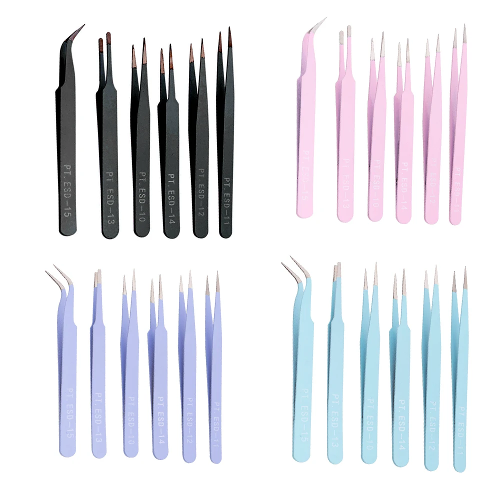 

6 Pcs ESD Anti-Static Tweezers Set Stainless Steel Electronics Precision Maintenance Repair Tool Kit Model Making Hand Tool Set