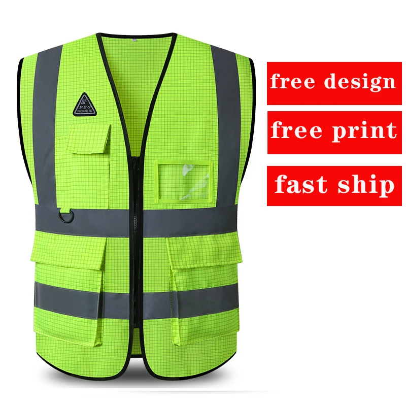 Antistat Polyester Safety Vest for Men Pockets and Zipper High Visibility Construction Oil Station Reflective Work Vest 100% reflective safety vest