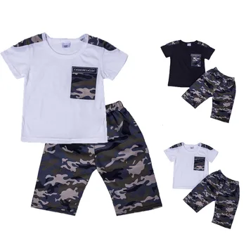 

2PCS Childern Teen Kids Baby Boys Letter Tracksuit Camouflage Tops Shorts Outfits Set Casual kids clothes roupas детская одежда