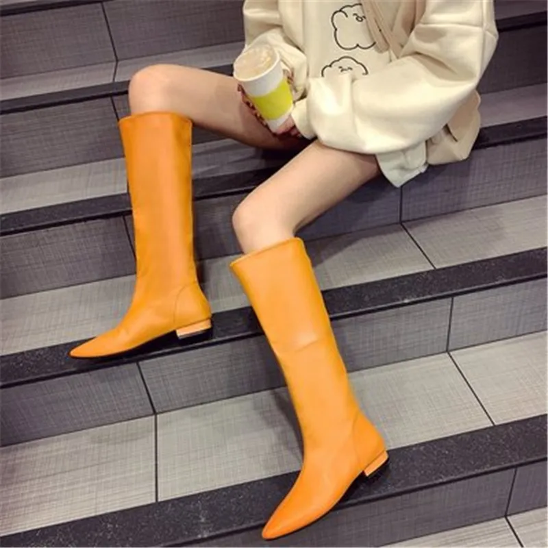Colorful Women Square heel Knee high Motorcycle Boots Autumn Winter Female Sexy Pointed Toe Leather Long Orange Purple | Обувь