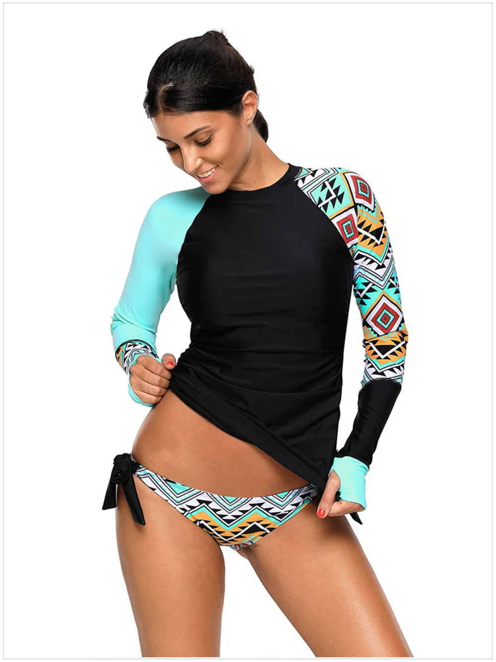 2020 Womens Long Sleeve Rashguard Geometric Print Shirt Side Ties Color Block Two Piece Tankini Swimsuit 410485 (1)