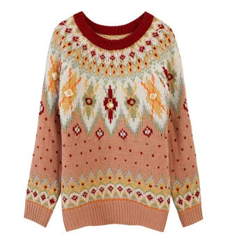 

Women's sweater2020 autumn and winter new women's long sleeves reworked flowers embroidery round neck loose knit top