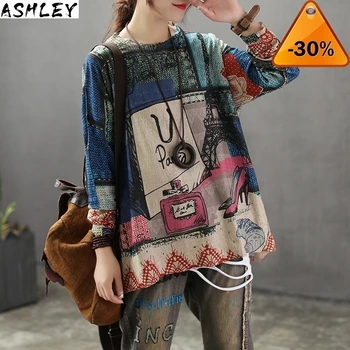 

Long Women Blouse Sleeve Shirt Women Spring Cartoon Printed Tops Autumn Vintage Loose Knitted Pullover Blusas Mujer De Moda