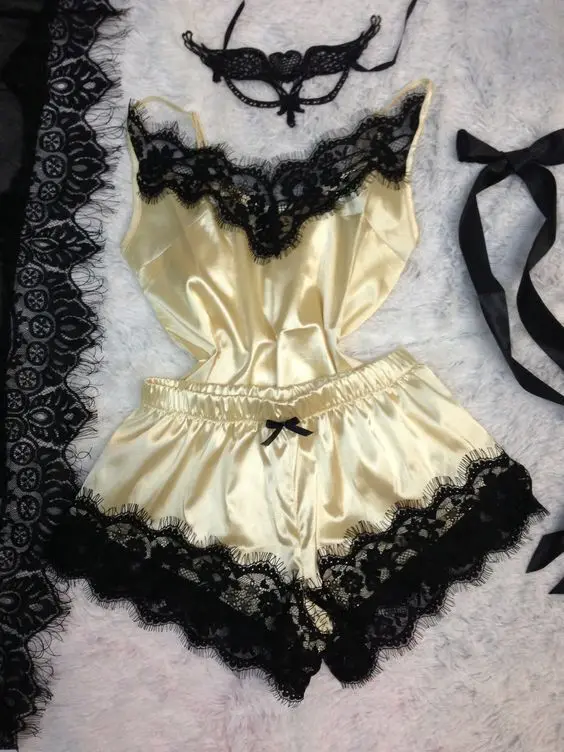 silk pajama set Women's Sleepwear Silk Sexy Satin Pajama Set Black Lace V-Neck Pyjamas Sleeveless Cute Cami Top and Shorts Lace Pajamas Set sexy sleepwear for women