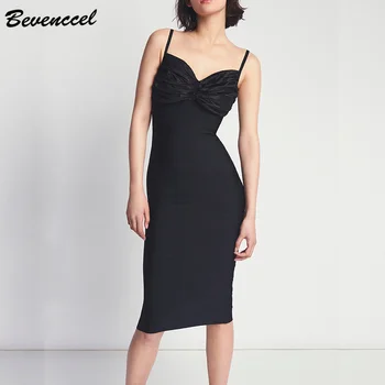 

Bevenccel Sexy Striped Bodycon Celebrity Party Dress 2020 Elegant Sleeveless V Neck Slim Runway Draped Evening Club Women Dress