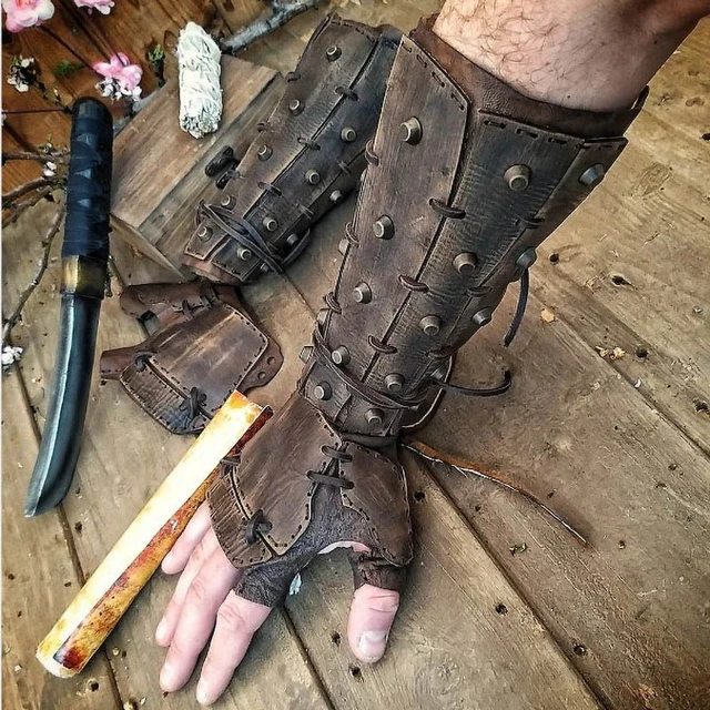 Medieval Steampunk Samurai Leather Bracer Long Glove Gauntlet