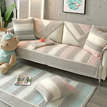 

Autumn and Winter Solid Color Sofa Cover Cotton Anti Slip Fresh Combination Sofa Cushion Stripe Fashion Living Room Sofa Cover