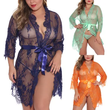 

Erotic Sexy Lingerie Women Transparent Lace Nightdress Robes Sexy Underwear Babydoll Porno Bathrobe+Belt+G-string Set Plus Size
