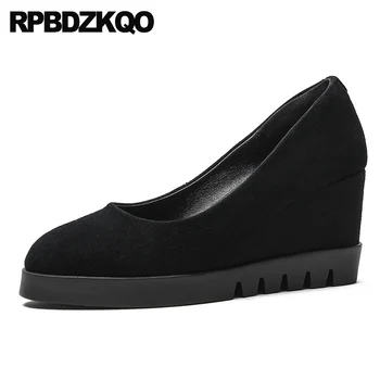 

round toe wedge brand luxury italian suede size 4 34 sheepskin shoes women autumn high heels fashion black pumps 8cm casual 2019