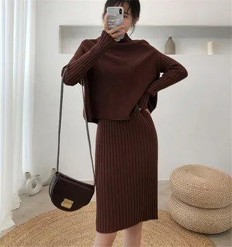 

New autumn winter new fashion solid colo knitted vest and long knitted dress women two piece set knit set women clothes 2020