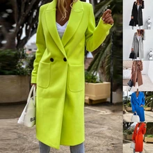 

Women Autumn Winter Long Sleeves Tailored Collar Wool Jacket Solid Color Double-breasted Coat Long Slim Overcoat Streetwear
