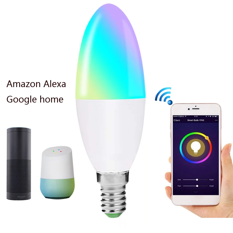 Топ-лампочка E12 с регулируемой яркостью смарт WiFi Свеча лампа RGB светильник с поддержкой Alexa для Google Home