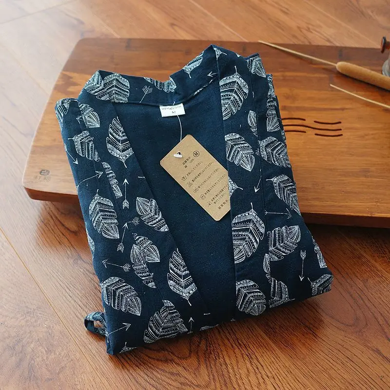 Пижама Мужская в японском стиле халат 100% хлопок свободная длинная ночная рубашка