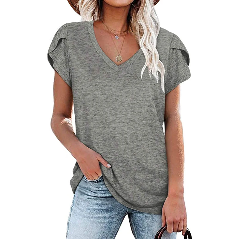 2021 Fashion New Women T Shirt Elegant Solid Color Ladies Tee Casual V Neck Short Sleeve Female Tops