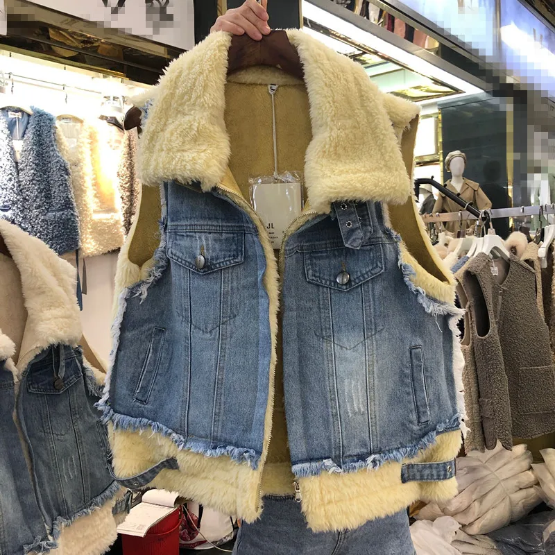Осенне-зимняя джинсовая нашивка, меховой жилет, корейское пальто с мехом, цельные джинсы, стеганый жилет с шерстью из овечьей шерсти, куртка без рукавов на плечо