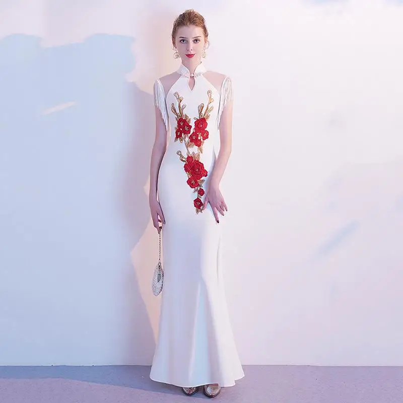 Элегантный белый леди Qipao вечернее платье китайский стиль Классический Половина рукава халат De Soiree изысканная вышивка сексуальное Vestidos - Цвет: White 2