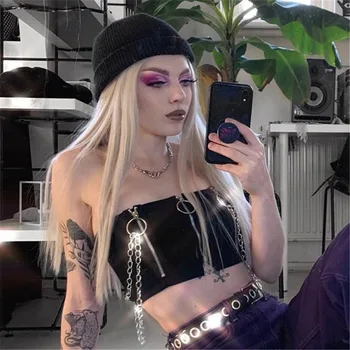

2020 New Summer Punk Gothic Tube Tops For Women Patchwork Zipper Chains Sexy Wrap Bralette Crop Top Streetwear Black