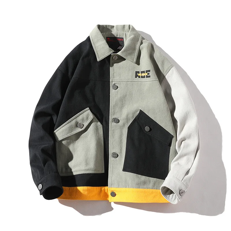 

Tang Mu Cool Japanese-style Autumn Clothing New Style Contrast Color Large Pocket Casual Tooling Jacket Men's Loose-Fit Turn-dow