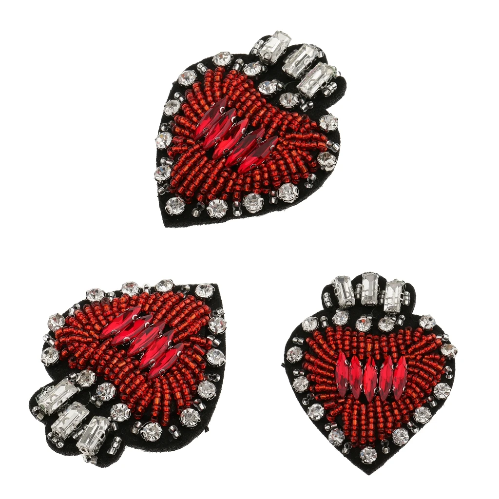 3Pcs Heart Design Applique Beaded Crystal Motifs Diamond Rhinestones Patches Sewing Apparel Accessories