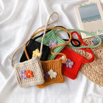 

2019 Lovely Children Girls Knitting Wool Small Flower Shoulder Crossbody Bags Mini Coin Purses Handbag Wallet Kids Satchel Bag