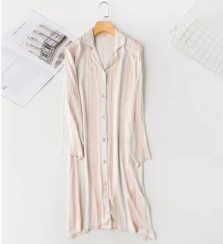 

Women Striped Design Nightdress Cotton Fresh Plain Long-Sleeved Shirt Nightdress Leisure Cotton Home Dress Camisones Para Dormir