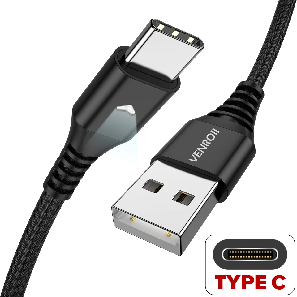 Venroii Cable USB Type C for Samsung Galaxy S10 S9 S8 Plus Fast Charging Type-C Cable for Xiaomi Mi 8 9 Oneplus 6 Android Phone - Цвет: Black Straight